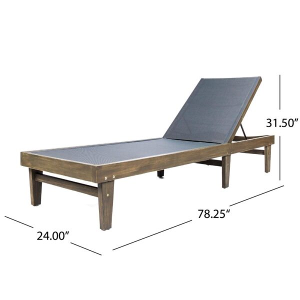 Liam Outdoor Chaise Lounger, 78 Inch Mesh Seat, Dark Gray Acacia Wood Frame