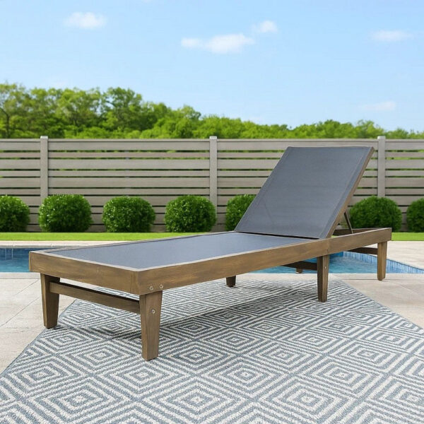 Liam Outdoor Chaise Lounger, 78 Inch Mesh Seat, Dark Gray Acacia Wood Frame