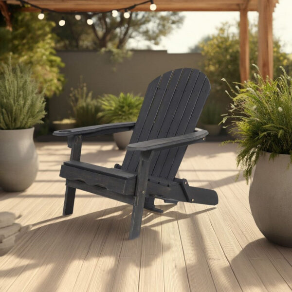 Outdoor Adirondack Chair with Cupholders, Foldable, Dark Gray Wood Finish