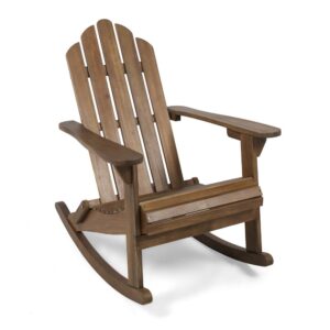 Outdoor Adirondack Rocking Chair, Slatted Back, Slope Arms, Dark Brown Wood