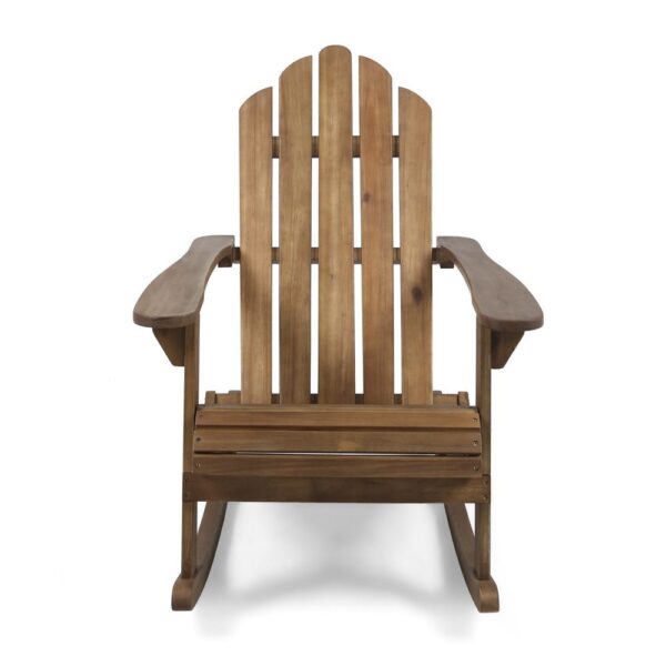 Outdoor Adirondack Rocking Chair, Slatted Back, Slope Arms, Dark Brown Wood