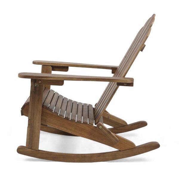 Outdoor Adirondack Rocking Chair, Slatted Back, Slope Arms, Dark Brown Wood