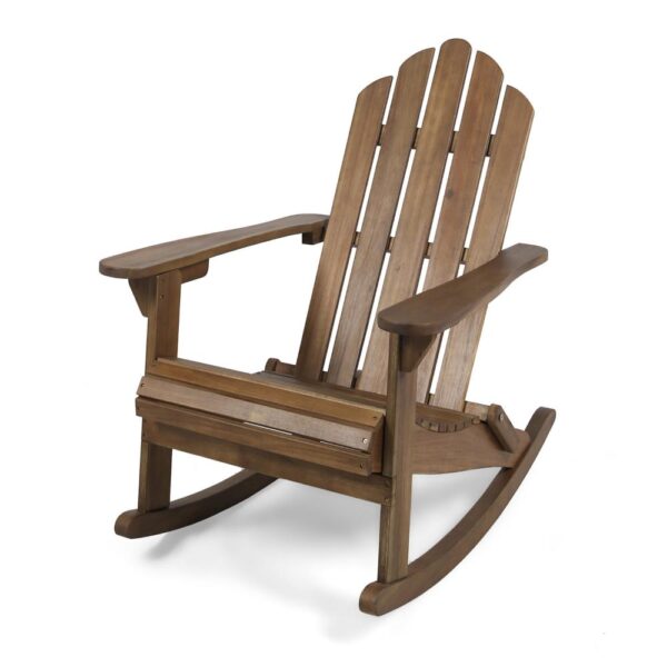 Outdoor Adirondack Rocking Chair, Slatted Back, Slope Arms, Dark Brown Wood