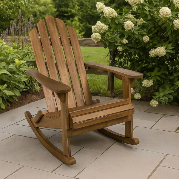 Outdoor Adirondack Rocking Chair, Slatted Back, Slope Arms, Dark Brown Wood