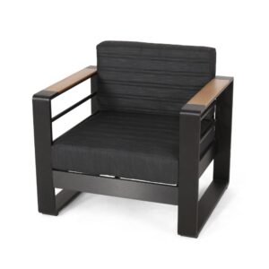 150220266991e653e8741.jpeg Accent Club Chair, Slat Panel Design, Modern Open Back, Aluminum Black Wood