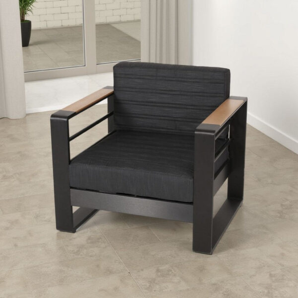 Accent Club Chair, Slat Panel Design, Modern Open Back, Aluminum Black Wood