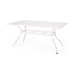 Toni Table, 67 Inch Rectangular Lattice Top, Saber Legs, White Aluminium