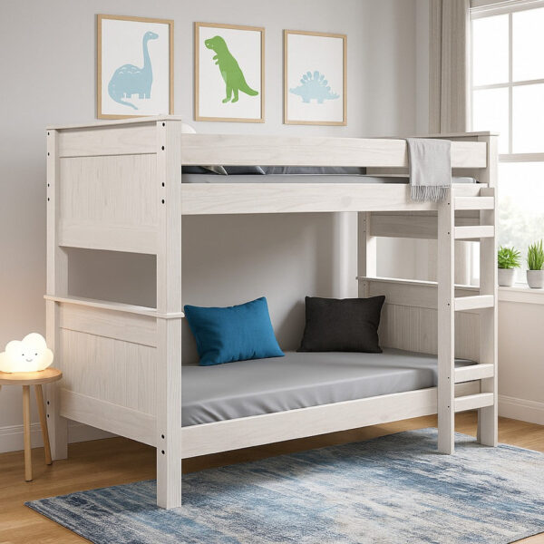 Twin/Twin Bunk Bed with Ladder, Brazilian Pine, Solid Wood, White