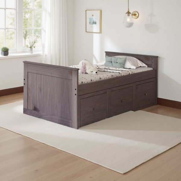 Mari Twin Captain Bed with Drawers, Rustic, Brazilian Pine, Wood, Gray