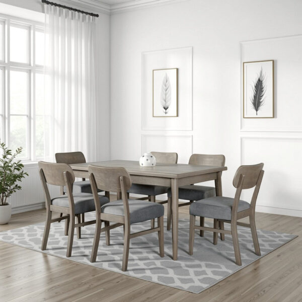Kene 7pc Dining Table Set with 6 Padded Chairs, Solid Edge Band, Gray