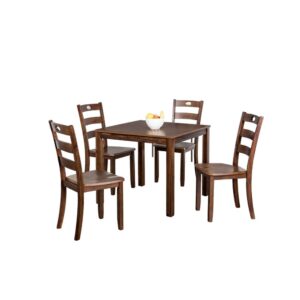 150220266991e729ee47a.jpeg Lasie 5 Piece Dining Table Set, 4 Chairs, Slatted Backs, Brown Solid Wood