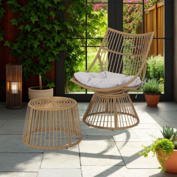 Laine 2 Piece Side Table and Chair Set, Light Brown Outdoor Faux Rattan