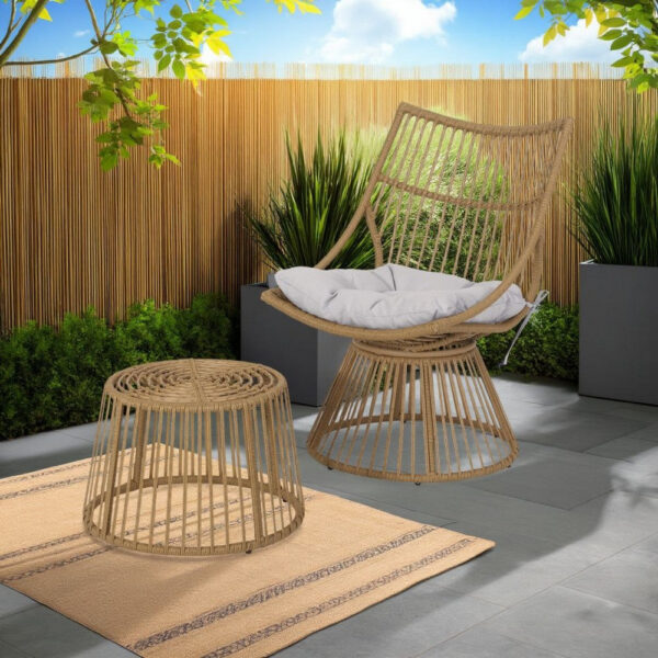 Laine 2 Piece Side Table and Chair Set, Light Brown Outdoor Faux Rattan