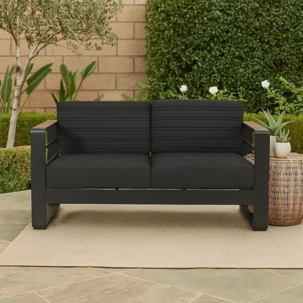 Vinia Loveseat, Outdoor Dark Gray Polyester, Wood Accents, Black, 57 Inch