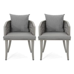 Ruble Accent Chair Set of 2, Gray Waterproof Fabric, Outdoor Rattan, Iron
