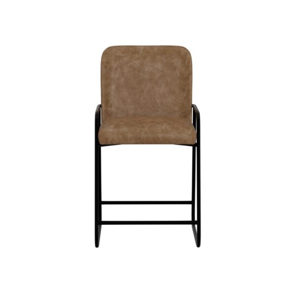 150220266991e7ad40ba9.jpeg Suze Counter Height Chair, Arched Back, Black, Cognac Brown Faux Leather