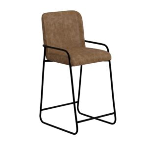 Suze Barstool Chair, Arched Back, Black Iron, Cognac Brown Faux Leather