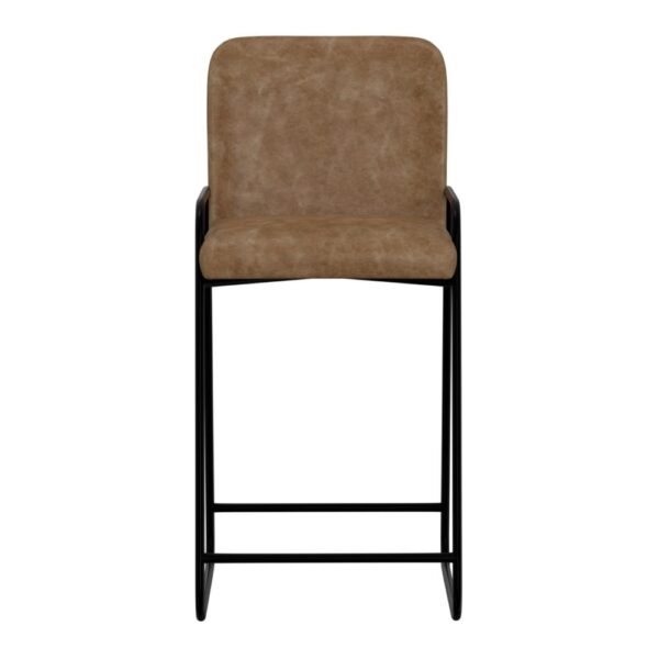 Suze Barstool Chair, Arched Back, Black Iron, Cognac Brown Faux Leather