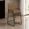 Suze Barstool Chair, Arched Back, Black Iron, Cognac Brown Faux Leather