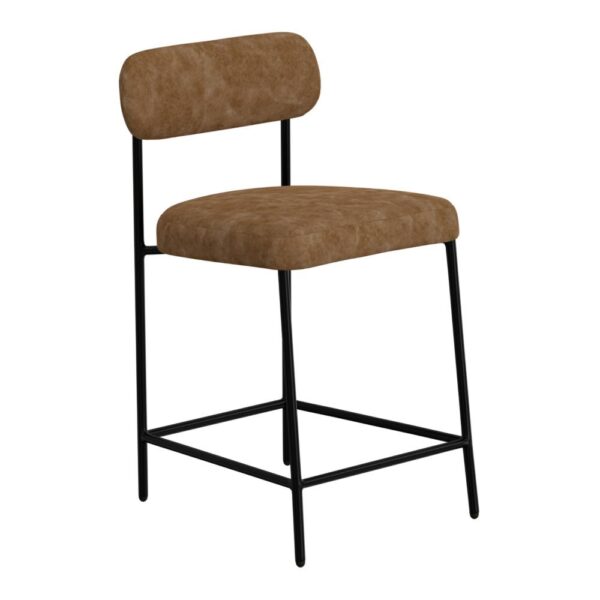 Iffa Counter Height Chair, Open Back, Black Iron, Cognac Brown Faux Leather