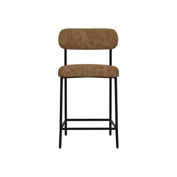 Iffa Counter Height Chair, Open Back, Black Iron, Cognac Brown Faux Leather