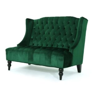 Lanny Loveseat Settee, Wingback Bench 50 Inch Wood, Tufted Green Velvet