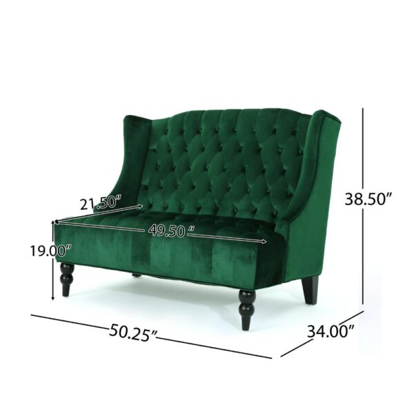 150220266991e7ddcd229.jpeg Lanny Loveseat Settee, Wingback Bench 50 Inch Wood, Tufted Green Velvet
