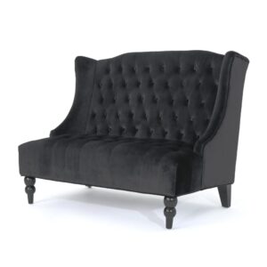 Lanny Loveseat Settee, Wingback Bench 50 Inch Wood, Tufted Black Velvet