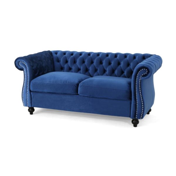 150220266991e7eae468f.jpeg Bernie Loveseat 62 Inch Sofa, Nailhead Trim, Solid Wood, Blue Tufted Fabric