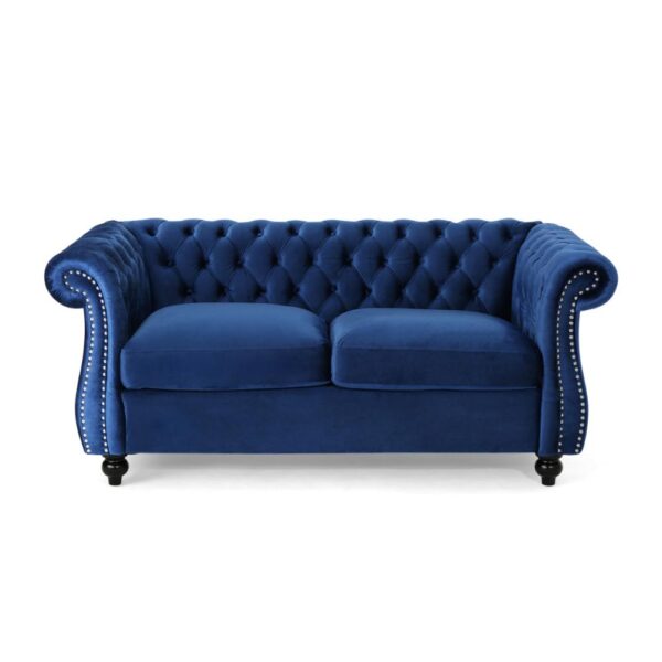 150220266991e7ec7785c.jpeg Bernie Loveseat 62 Inch Sofa, Nailhead Trim, Solid Wood, Blue Tufted Fabric