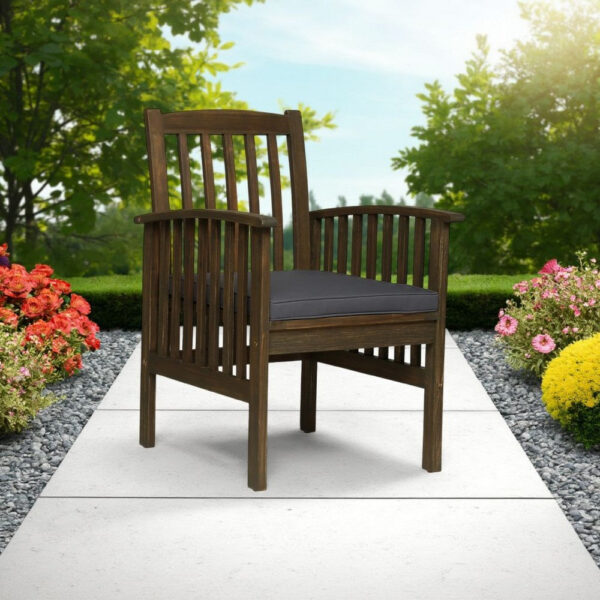 Gerry Dining Chair, Slatted Back Outdoor Natural Brown Wood, Dark Gray