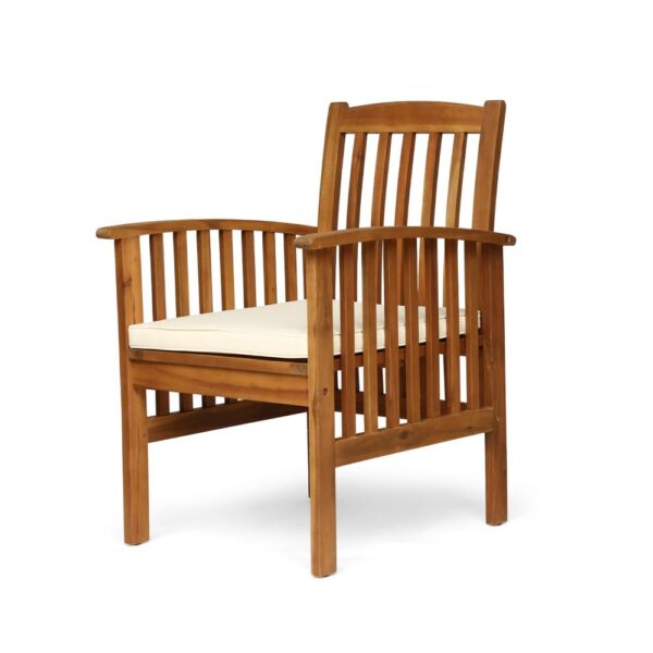 Gerry Dining Chair, Traditional Slat Design Brown Acacia Wood, Beige Fabric