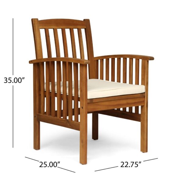 Gerry Dining Chair, Traditional Slat Design Brown Acacia Wood, Beige Fabric