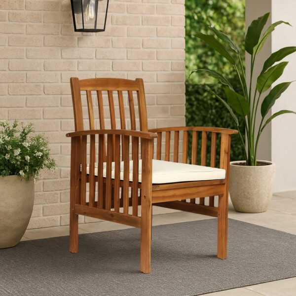Gerry Dining Chair, Traditional Slat Design Brown Acacia Wood, Beige Fabric