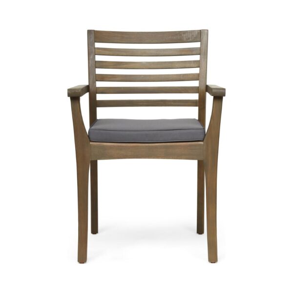 Dining Chair, Slatted Back, Modern, Teak Brown Acacia Wood, Gray Fabric
