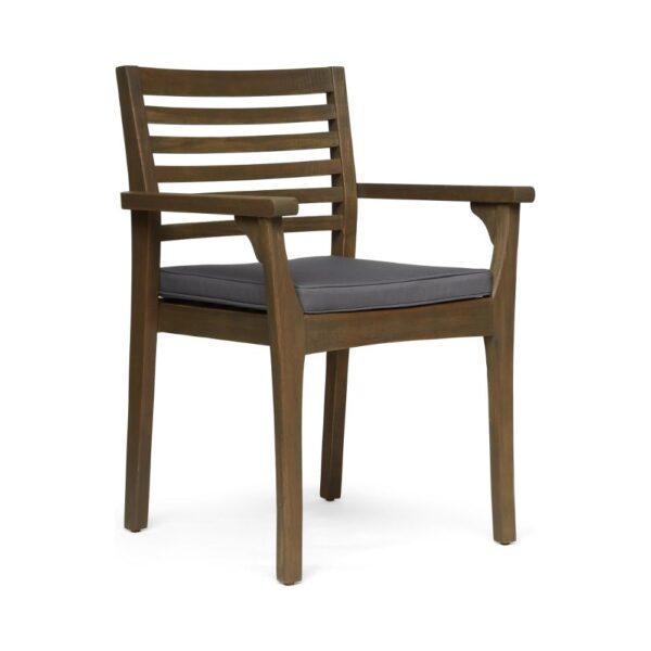 Dining Chair, Slatted Back, Modern, Teak Brown Acacia Wood, Gray Fabric