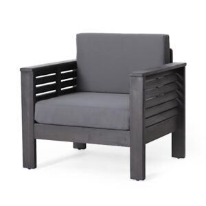 Quim Outdoor Club Chair, Shutter Slat Panel, Gray Acacia Wood, Gray Fabric