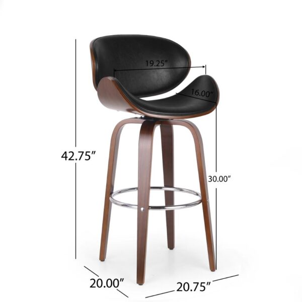 Zaine Swivel Barstool Chair, Walnut Veneer, Black Faux Leather