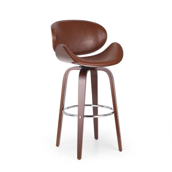Zaine Swivel Barstool Chair, Walnut Veneer, Brown Faux Leather
