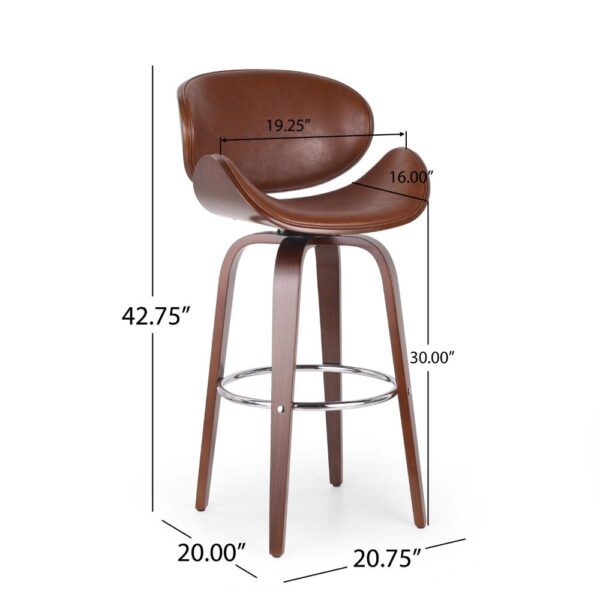 Zaine Swivel Barstool Chair, Walnut Veneer, Brown Faux Leather