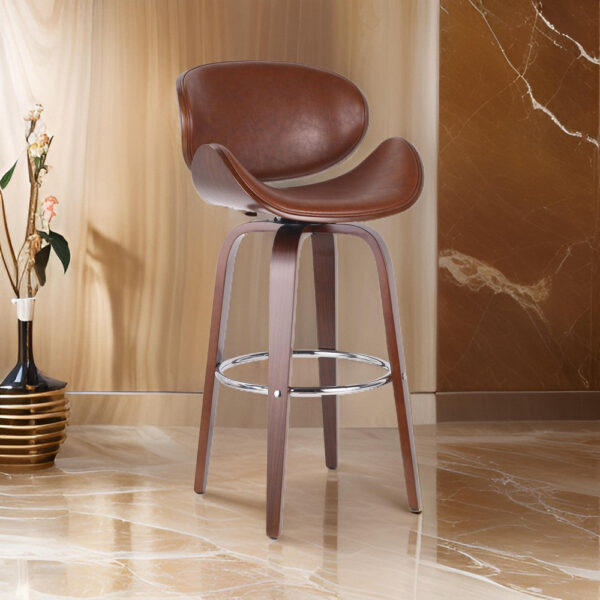 Zaine Swivel Barstool Chair, Walnut Veneer, Brown Faux Leather