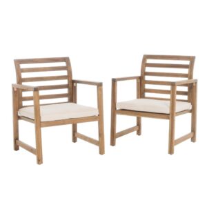 Outdoor Club Chair Set of 2, Slat Back, Brown Acacia Wood, White Fabric