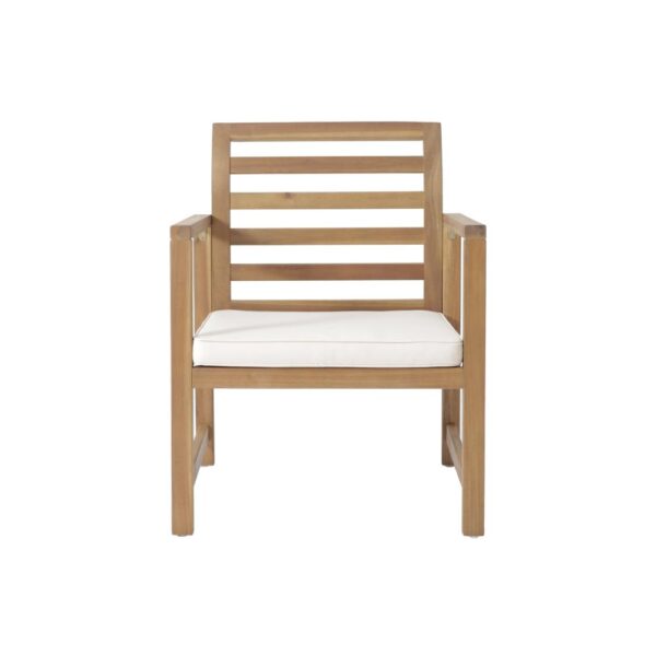 Outdoor Club Chair Set of 2, Slat Back, Brown Acacia Wood, White Fabric