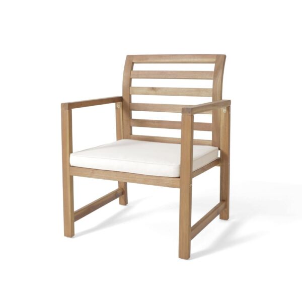 Outdoor Club Chair Set of 2, Slat Back, Brown Acacia Wood, White Fabric
