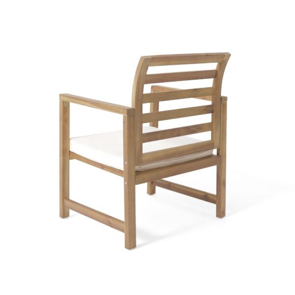 Outdoor Club Chair Set of 2, Slat Back, Brown Acacia Wood, White Fabric