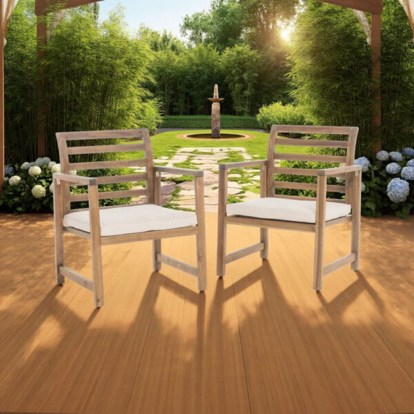 Outdoor Club Chair Set of 2, Slat Back, Brown Acacia Wood, White Fabric