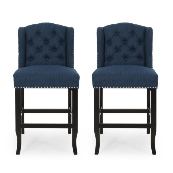 Counter Height Chair Set of 2, Tufted Wingback, Nailhead Trim, Navy Blue