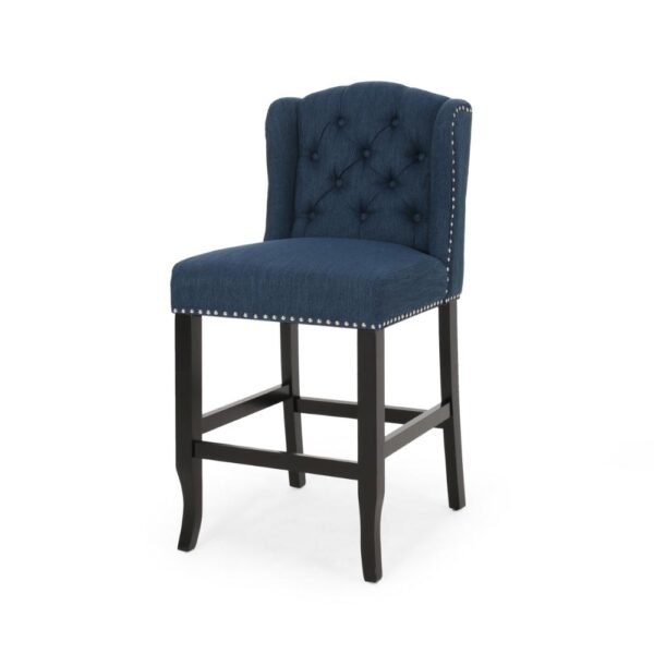Counter Height Chair Set of 2, Tufted Wingback, Nailhead Trim, Navy Blue