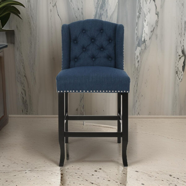 Counter Height Chair Set of 2, Tufted Wingback, Nailhead Trim, Navy Blue