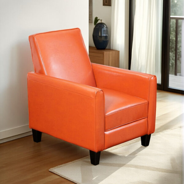 150220266991e8a3cc613.jpeg Zuca Pushback Recliner Club Chair, Black Wood, Orange Floral Faux Leather